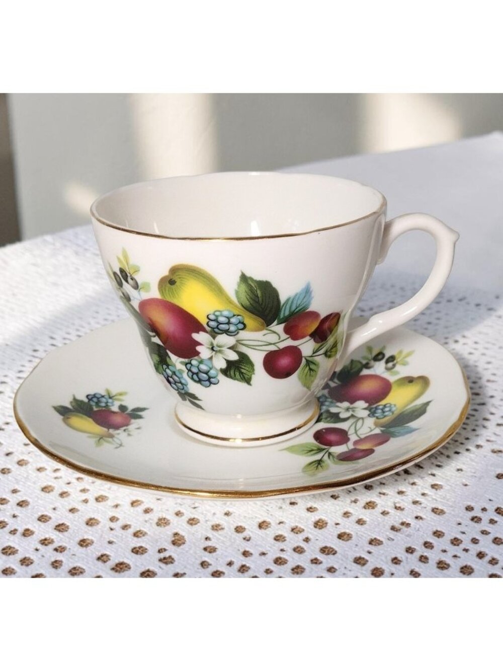 Duchess Fine Bone China England Fruit Teacup & Saucer Gold Trim Vintage